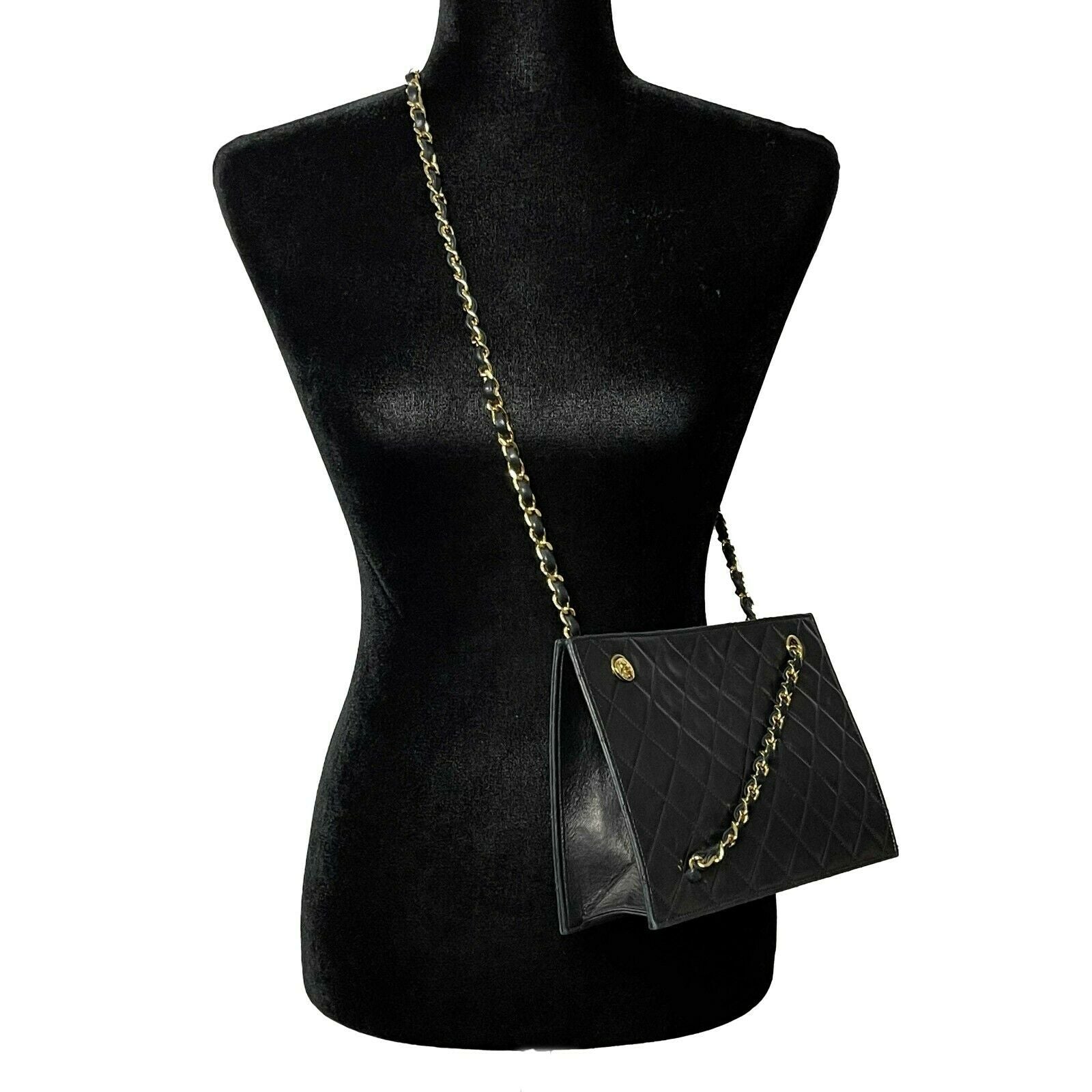 CHANEL - 80s Quilted Black / Gold Chain Threaded Small Lambskin
