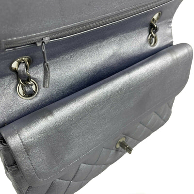 CHANEL - Classic Double Flap Metallic Silver CC Medium Leather Shoulder Bag