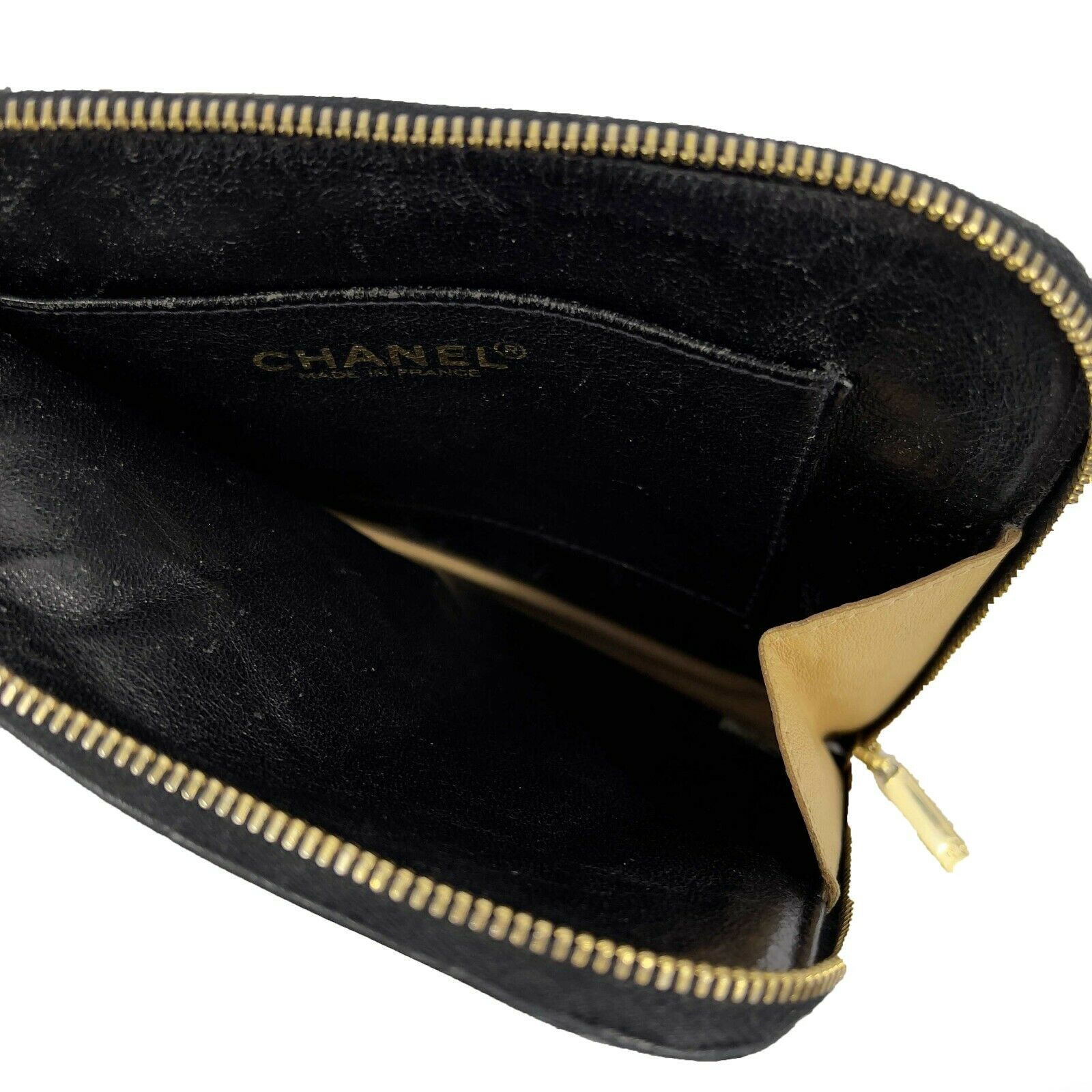 Chanel - Vintage Mini Handcuff Wristlet Clutch - Black / Beige / Gold Ring