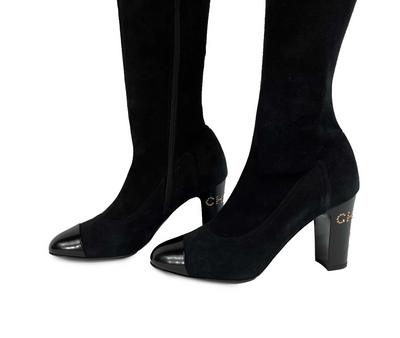 CHANEL - 19A Suede Black Thigh High Boots - Logo Heel / Patent Toe - 36 US 6