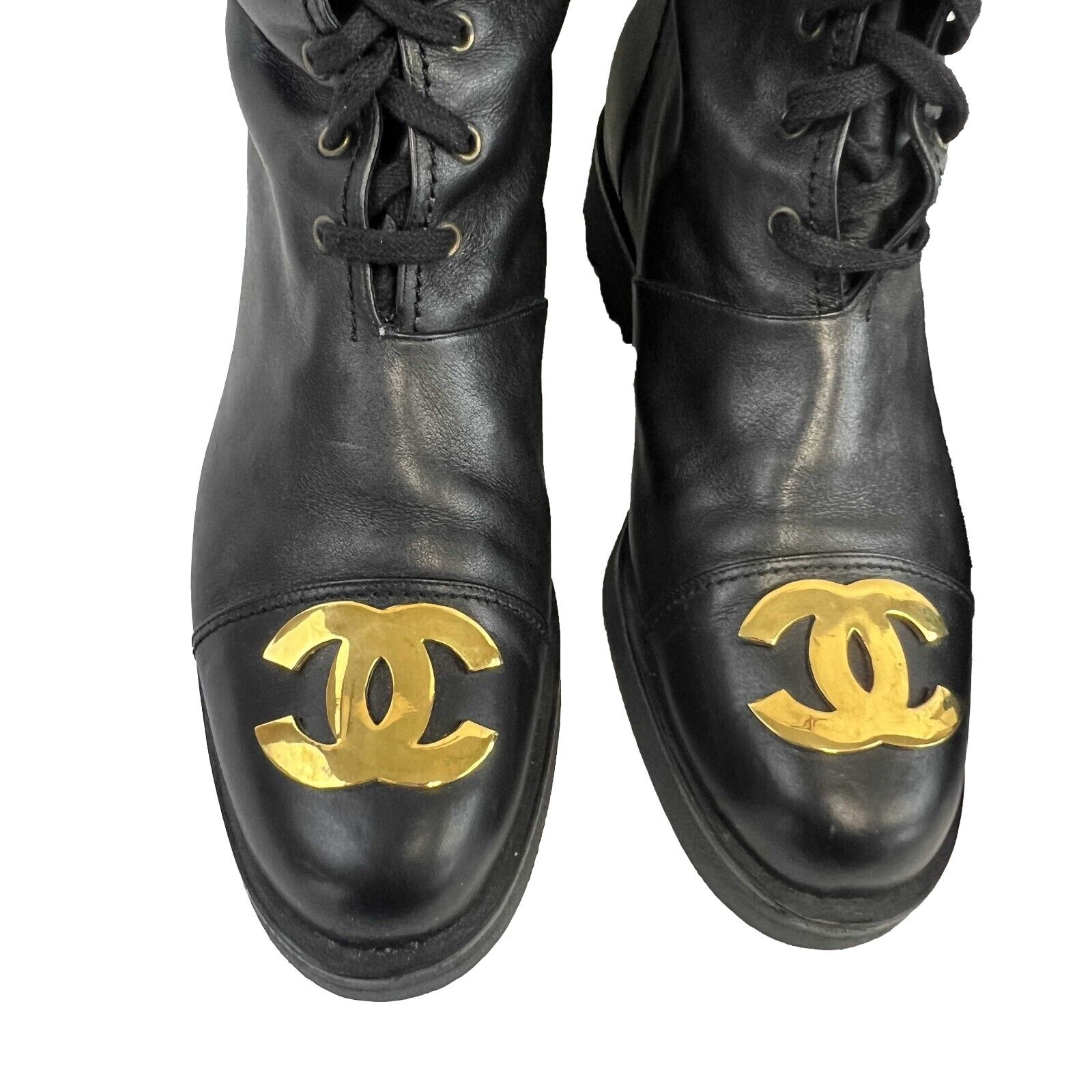 Rare CHANEL Vintage Combat Boots With Gold-plated Plaque 1990's