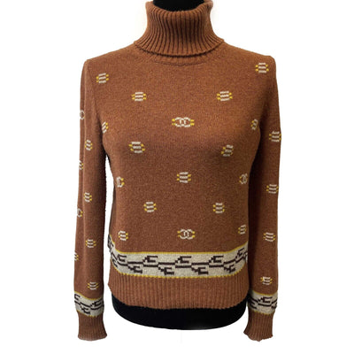 Chanel Cashmere Sweater Tribal Women Brown Turtleneck Pullover 36 US 4 Small Top