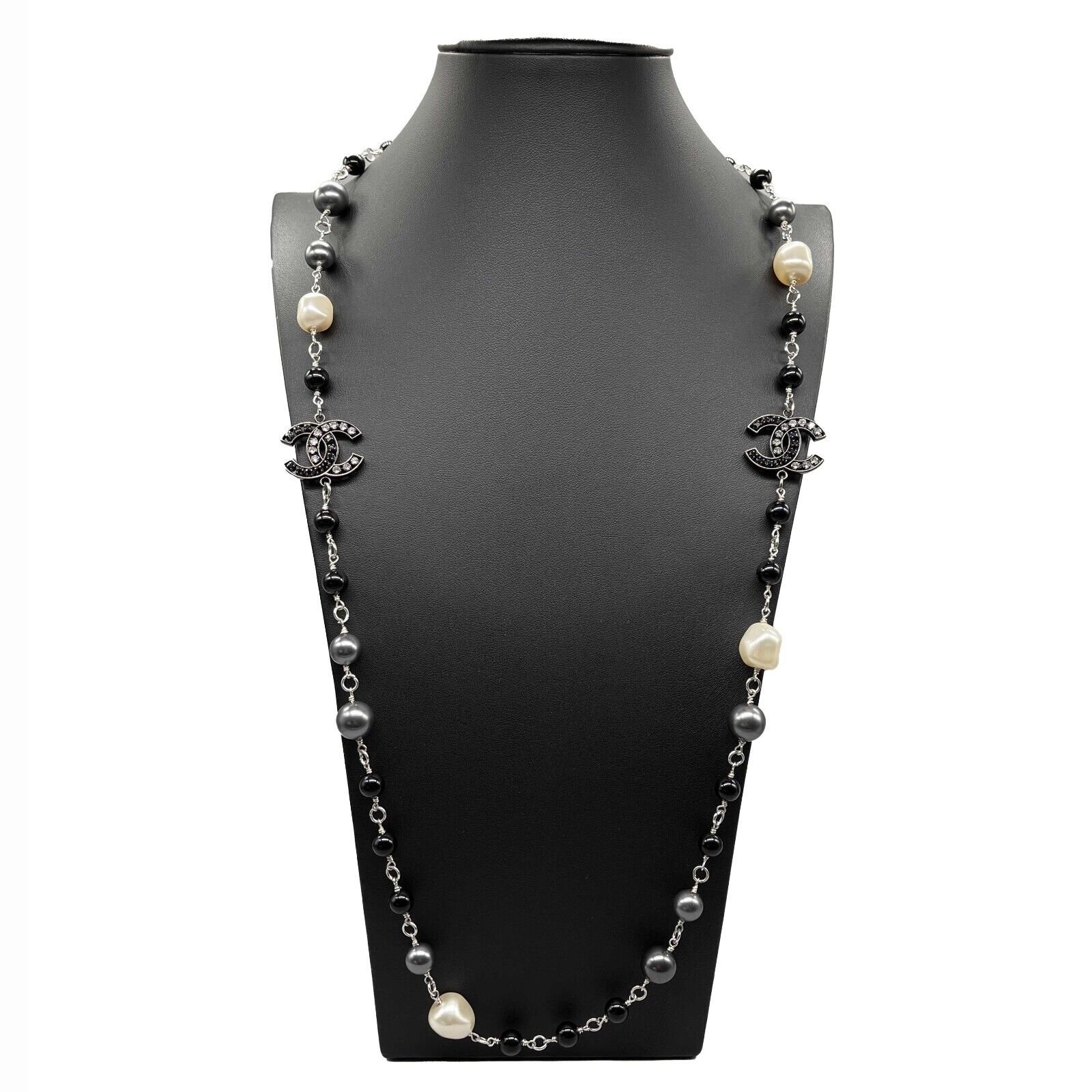 CHANEL Pearl CC 100th Anniversary Coco Charm Necklace Black Beige