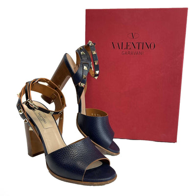 Valentino Garavani - Rockstud Leather Ankle-Strap Sandals - Navy Blue - 39 US 9