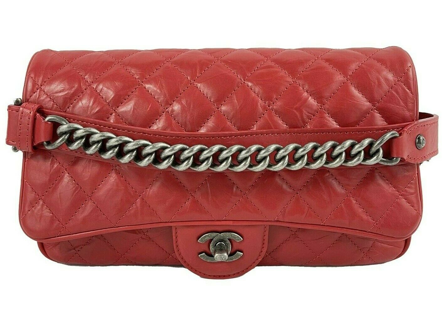 CHANEL - Red Crinkled Leather Boy Chain Flap Bag / Silver-Aged