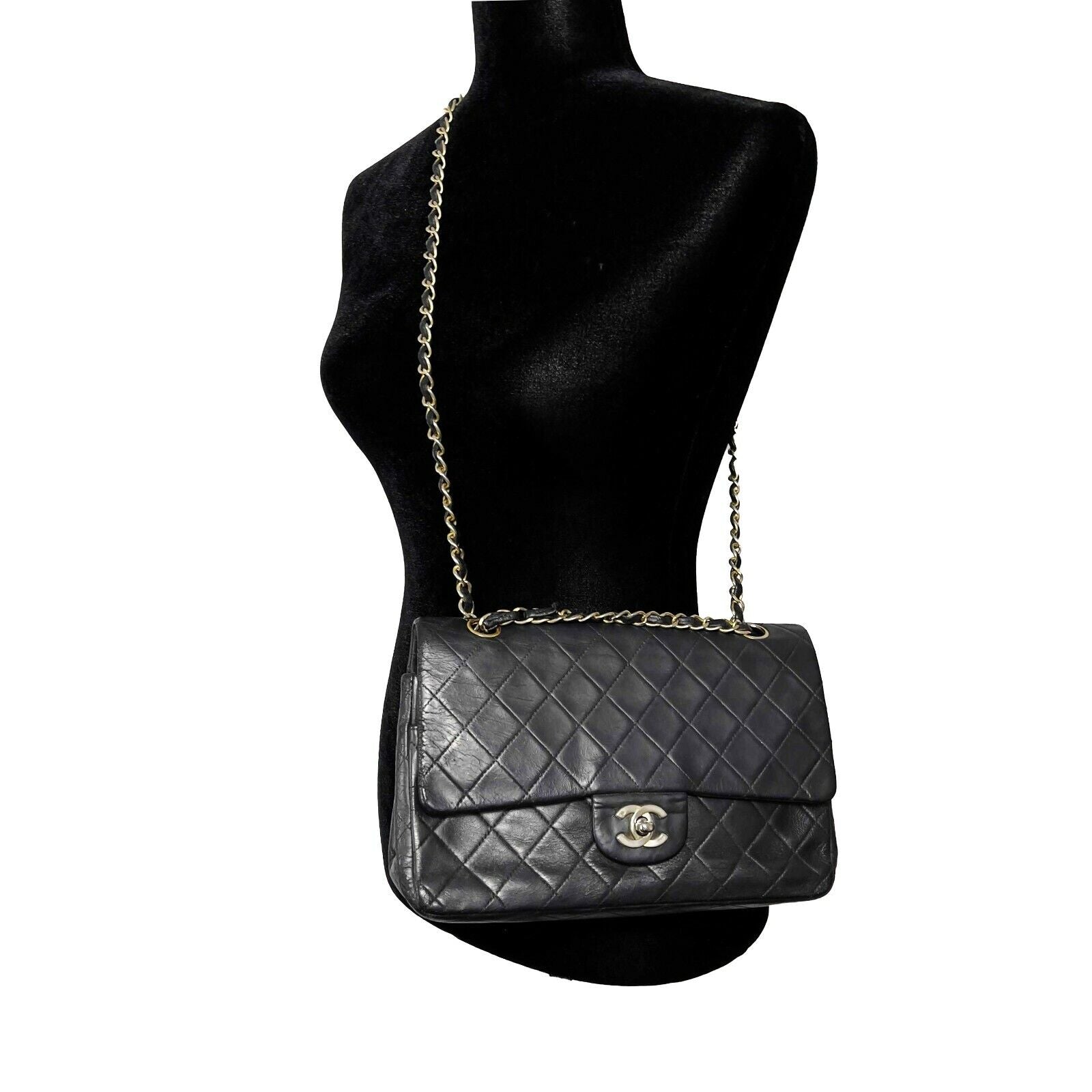 CHANEL- Vintage Medium Classic Double Flap - Black Shoulder Bag / Crossbody