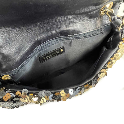 CHANEL - Summer Night Medium Flap Classic Satin/Sequin Black Gold Shoulder Bag