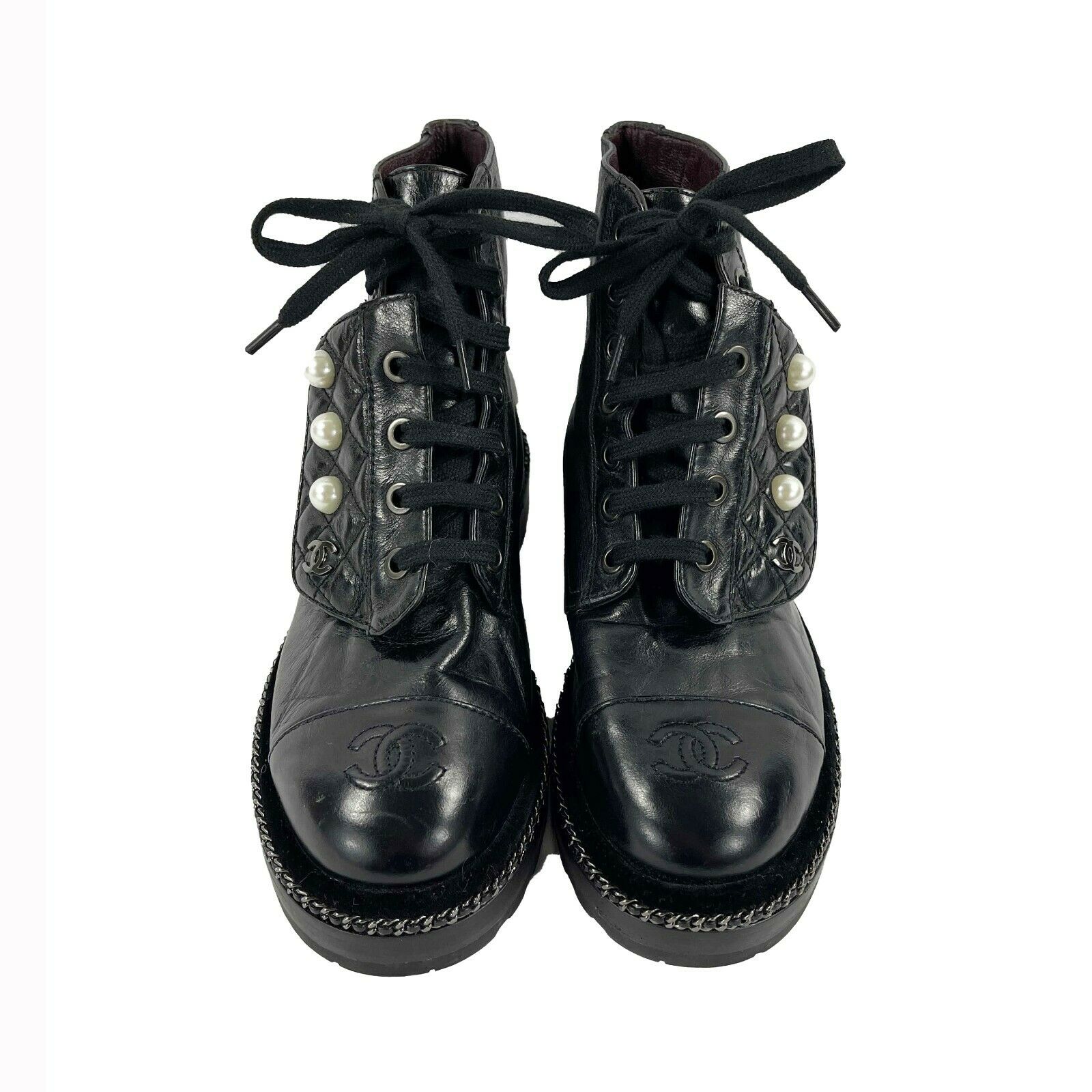 CHANEL Black Leather Combat Boots with Trim and Faux Pearl CC Details - SZ  36- 6