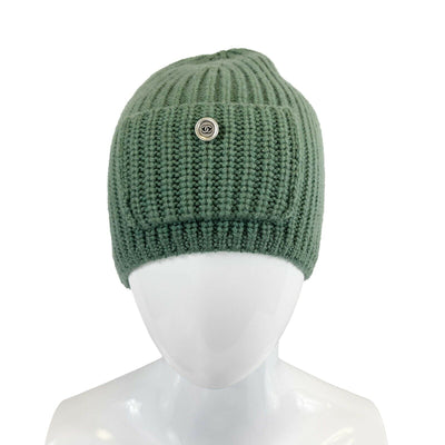 CHANEL - Cashmere Knitted Green Beanie - Patch Pocket w/ Silver CC Button - XS