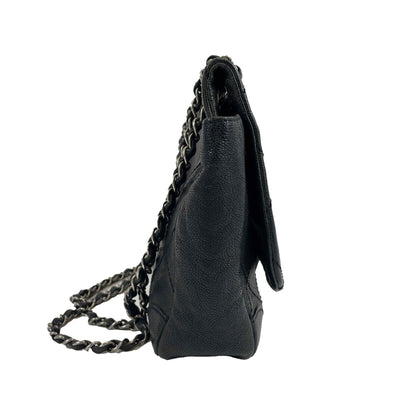 CHANEL - CC Ligne Flap Large Bag Black / Silver Caviar Leather Shoulder Bag
