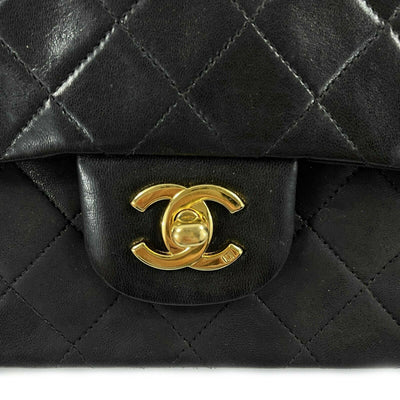 CHANEL - Small Double Flap Black Leather Classic Crossbody Shoulder Bag Gold CC