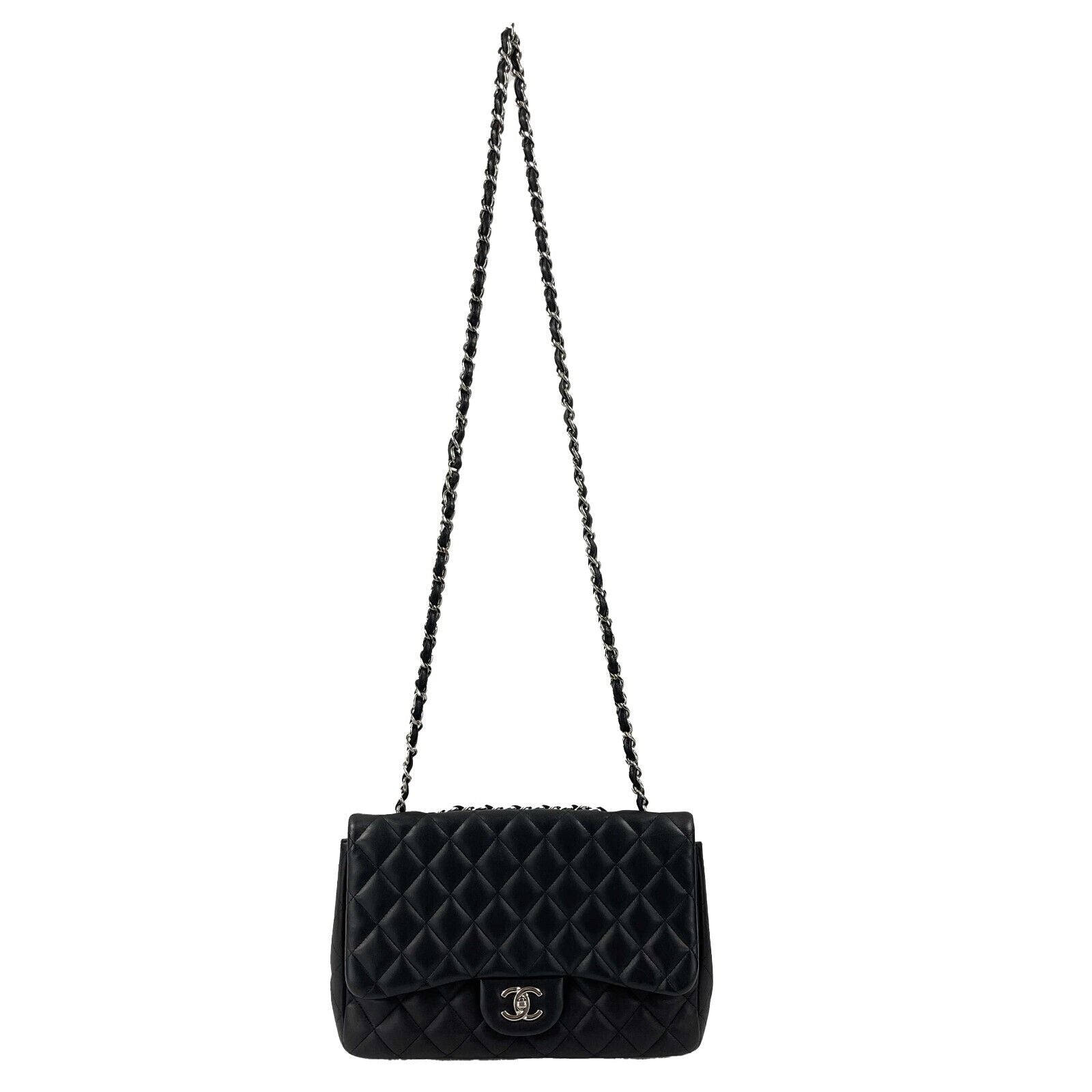 CHANEL - Jumbo Classic Flap CC Quilted Black Lambskin Shoulder Bag