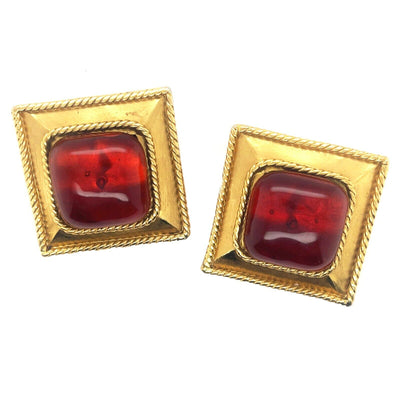 CHANEL- Vintage Stamped 25 Gripoix Square Clip On Earrings - Orange / Red / Gold