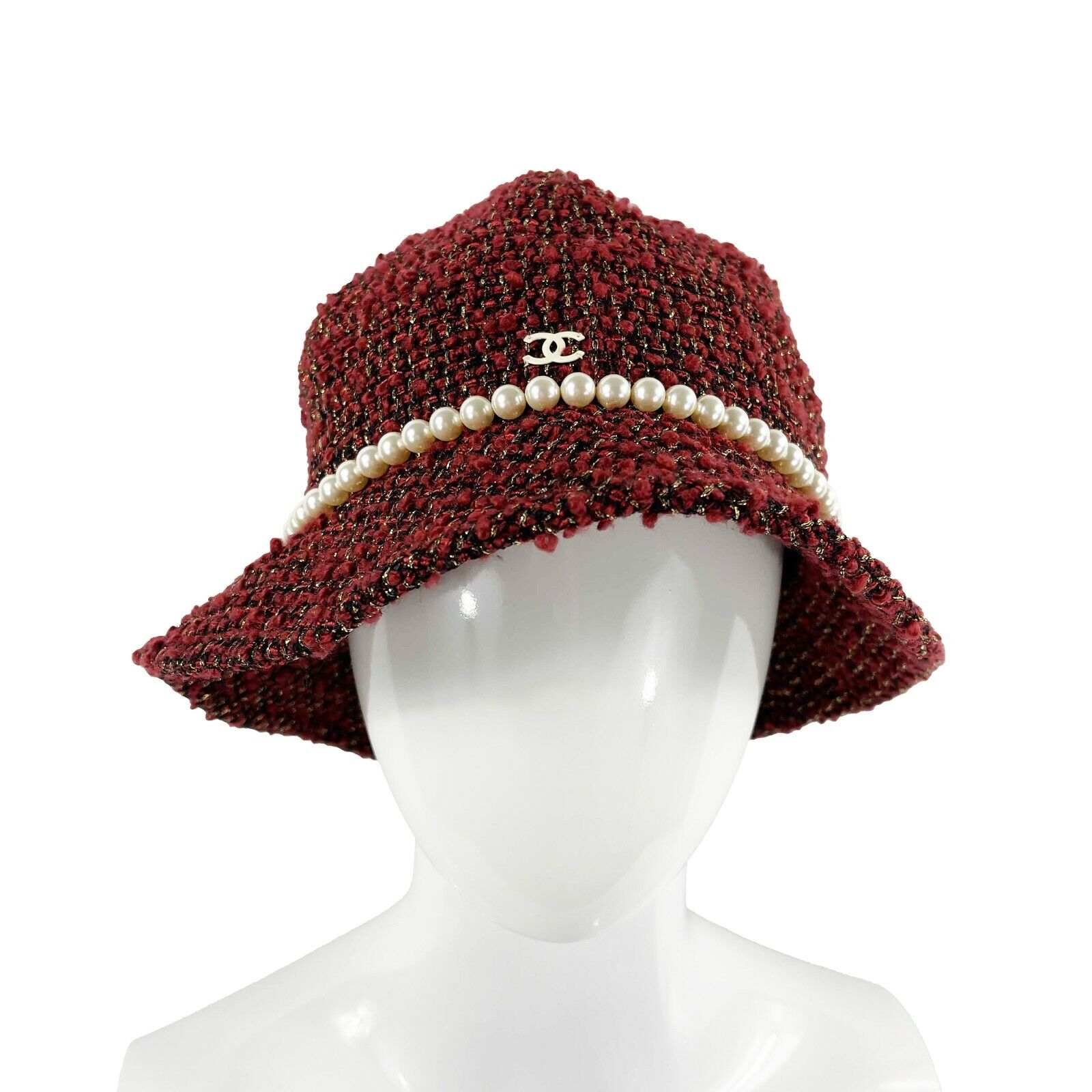 CHANEL - Tweed Boucle Bucket Hat - Pearls / Maroon / CC Logo