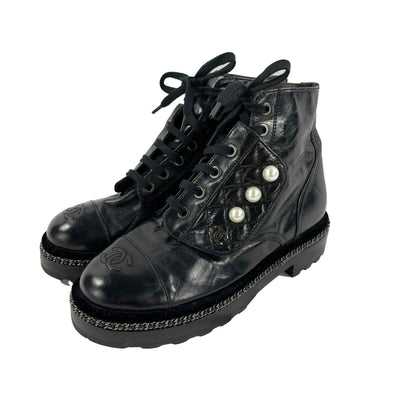 CHANEL Black Leather Combat Boots with Trim and Faux Pearl CC Details - SZ 36- 6