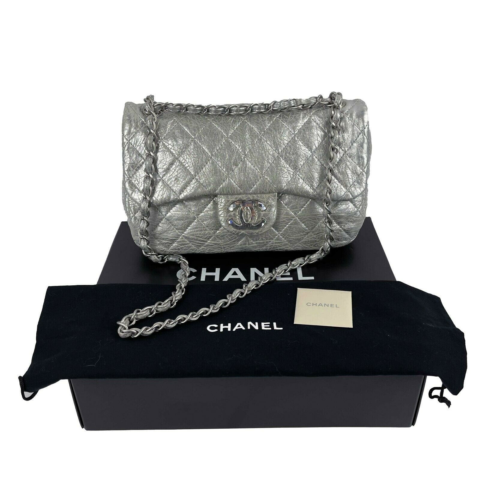 CHANEL - Silver Jumbo Icy Crinkled Leather Flap Bag - Shoulder Bag