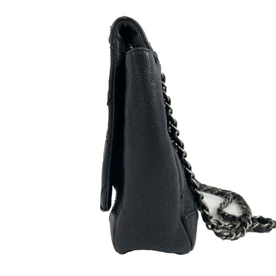 CHANEL - CC Ligne Flap Large Bag Black / Silver Caviar Leather Shoulder Bag
