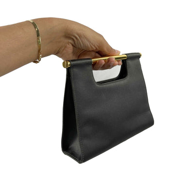 CHANEL - Vintage Satin / Leather Carry Clutch - Dark Grey / Gold Handbag