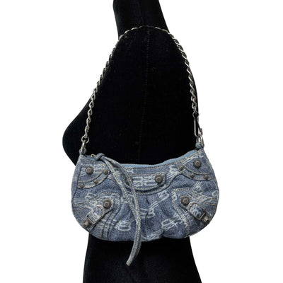 Balenciaga Le Cagole Mini Monogram Denim Shoulder Bag / Bleached Denim Crossbody