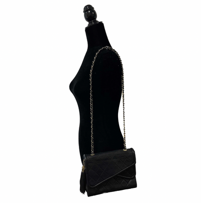 Chanel - Vintage Black Leather Crossover Slant Double Flap Tassel Crossbody