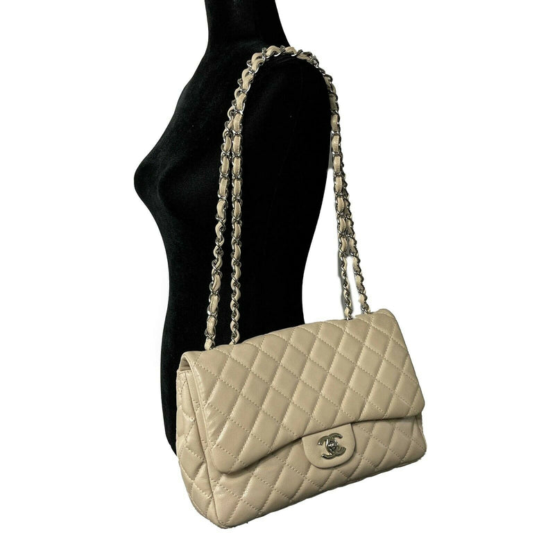 CHANEL Classic Beige Quilted Lambskin Silver Hardware Medium