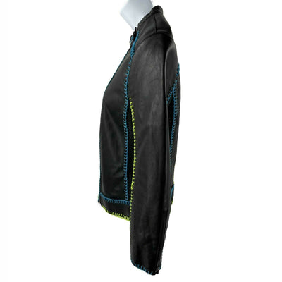 Herve Leger - Black Moto Biker Contrast Stitch Leather Jacket - Size Small S