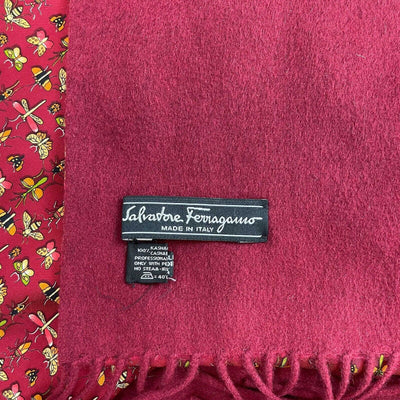 Salvatore Ferragamo - Insect Print Bee Butterfly Red Maroon Fringed Shawl Scarf