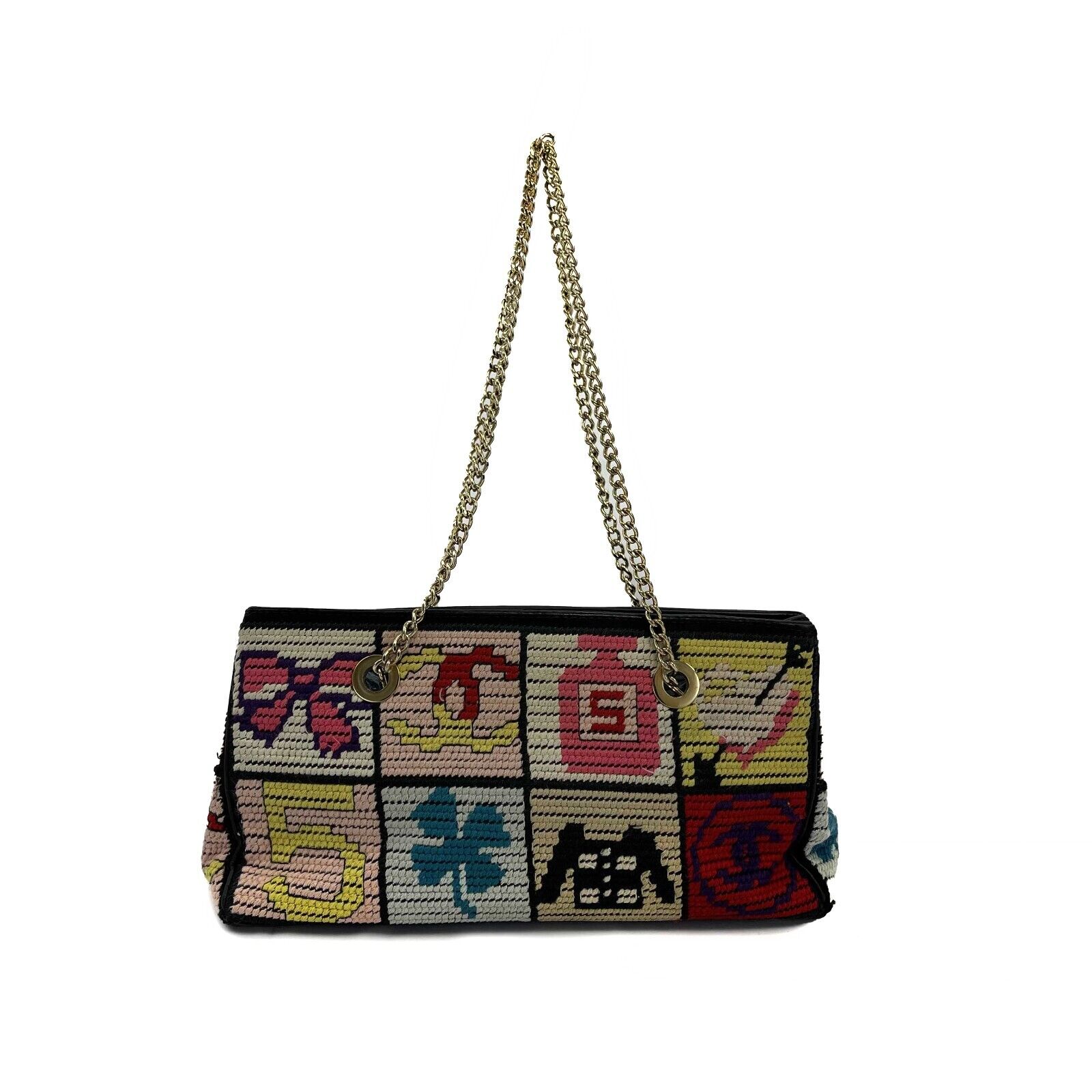 Chanel Vintage Patchwork Icons Chain Tote Crochet Tweed Small at