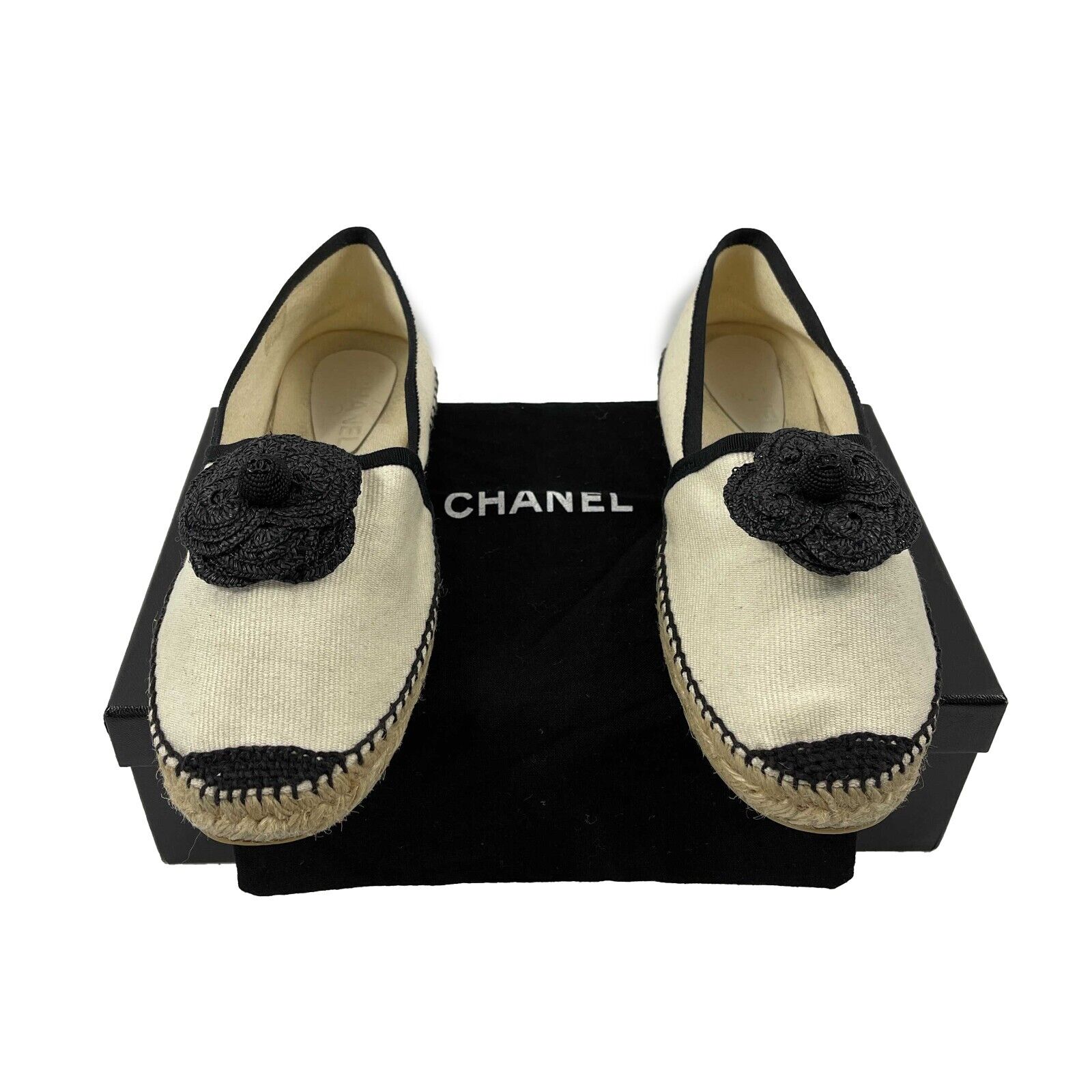 Chanel Black Leather CC Logo Flat Espadrille Shoes  375  I MISS YOU  VINTAGE