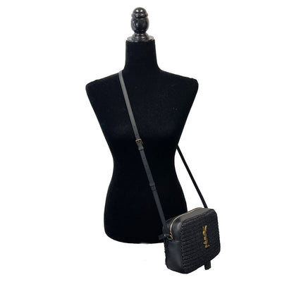 Saint Laurent - Black Raffia Paneled Lou Medium Camera Bag / Crossbody