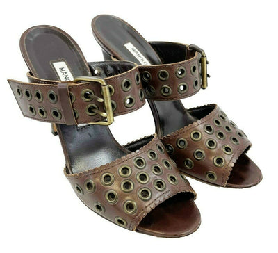 Manolo Blahnik - Leather Peep Toe Buckle Heeled Sandal - Brown - 36.5 US 6.5