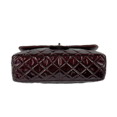 CHANEL Quilted Bordeaux / Silver Patent Leather Jumbo Single Flap Shoulder Bag