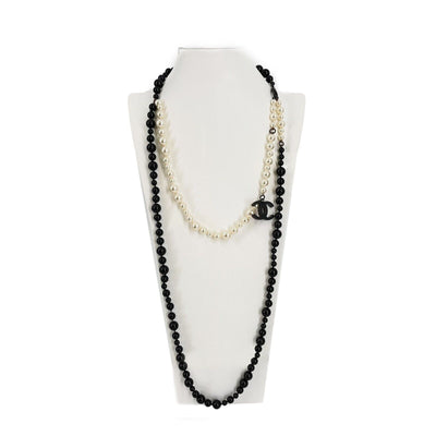 CHANEL - CC Logo Charm Black White Pearl Layered Necklace