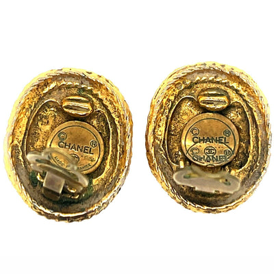 CHANEL - Vintage 1970's CC Textured Oval Medallion Clip-On / Gold-tone Earrings