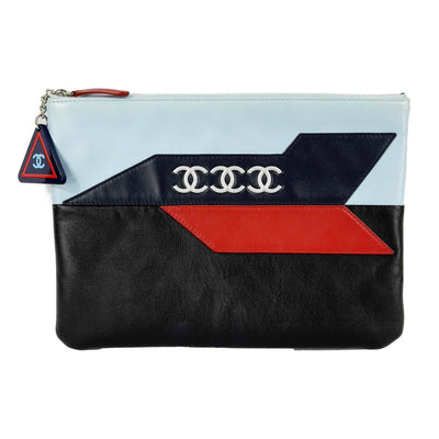 CHANEL - 16P Medium Airline Lambskin Leather Pouch /Clutch - Blue Red Black - CC
