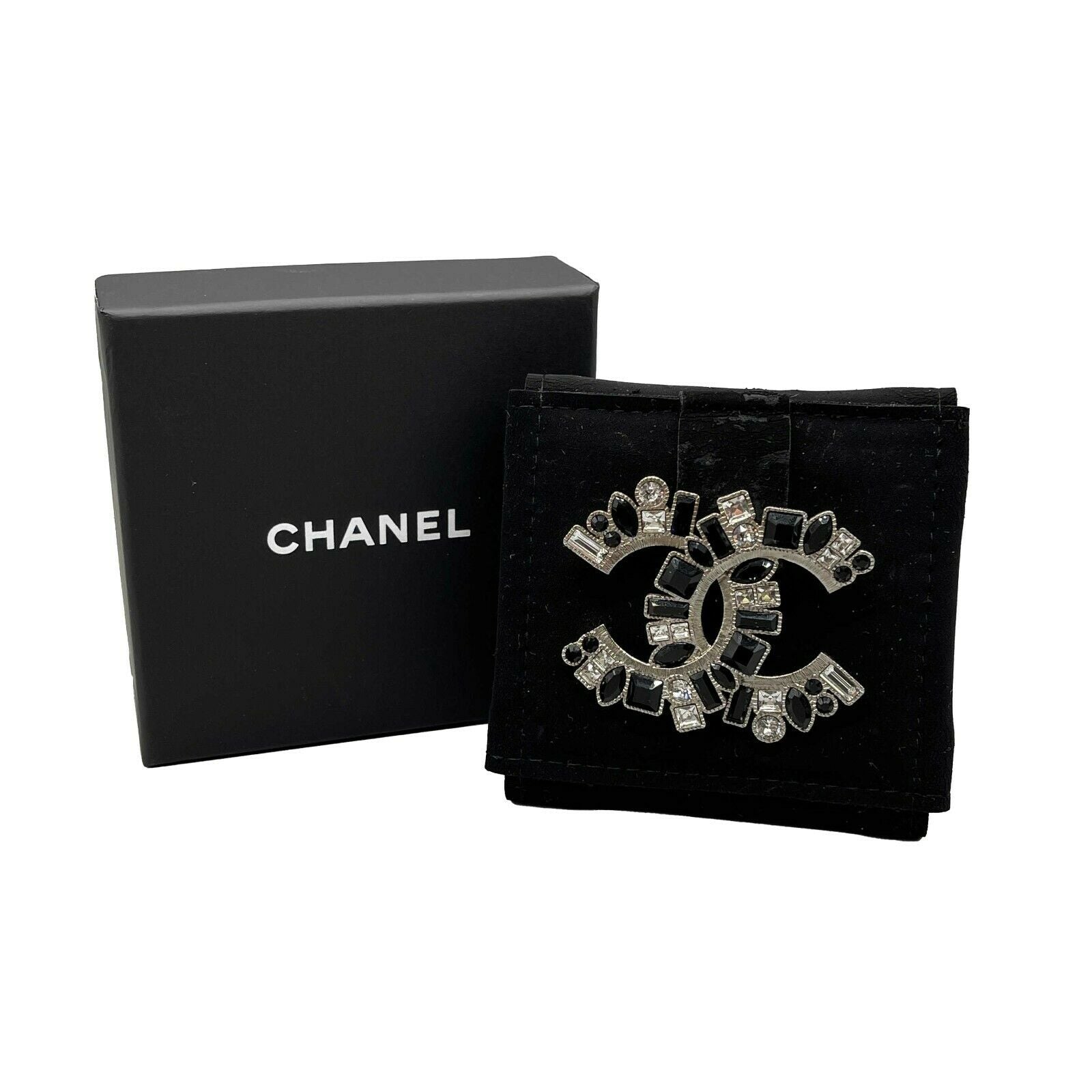 CHANEL -14K Clear and Black Strass CC Logo - Silver, Clear, Black