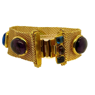 CHANEL - Vintage Mesh Gold Bracelet with Gripoix Multicolor Glass Stones