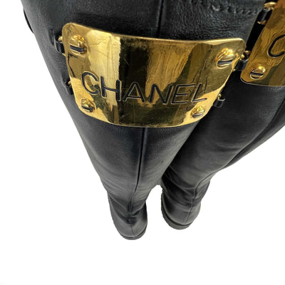 CHANEL - 92/93 Tall Leather Vintage CC Combat Knee High Boots FR 39 US 8