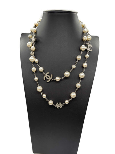 CHANEL - NEW A17 5 CC Charm Pearl Rhinestone Crystal Long Layered Necklace