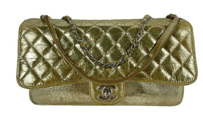 CHANEL Quilted Distressed Glazed Gold Leather Accordion Flap Shoulder Bag Medium