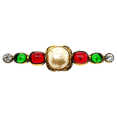 CHANEL - 1985 Vintage Gripoix and Faux Pearl / Red/ Green/ Gold Pin / Brooch