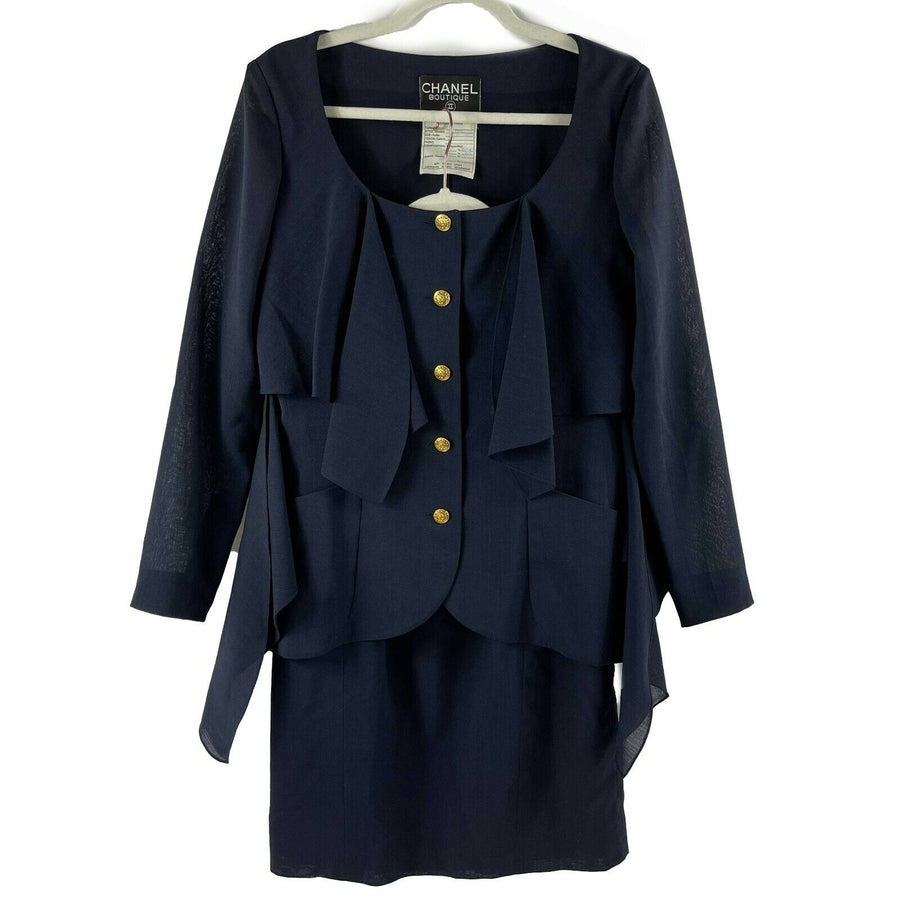 CHANEL - Wool Suit Cascade Jacket and Skirt - CC Buttons - Navy / Gold 36 US 6